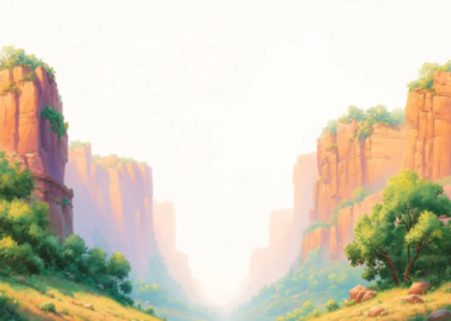 A painted canyon valley with trees and cliffs in warm light